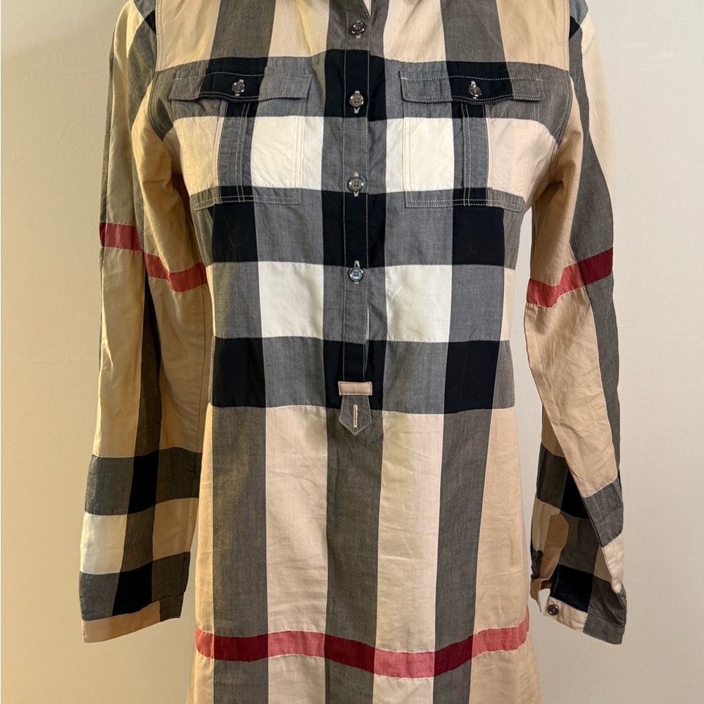 Burberry Cream & Black Plaid Casual Button-Down Dress